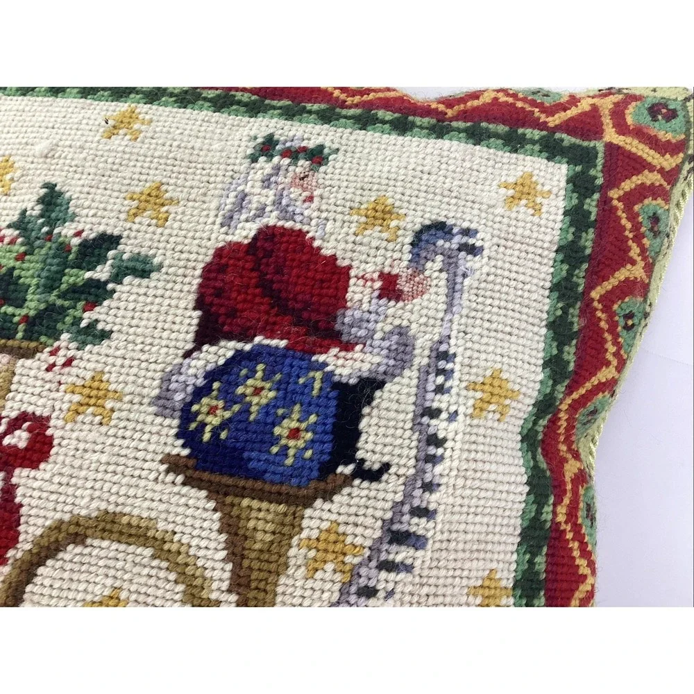 Wool Needlepoint Santa Pillow Velvet Back Square With Border 13.5